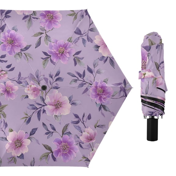 Fresh Flowers Lavender Pink All Weather Umbrella Triple Folding Parasol 6 Ribs UV Protection Portable