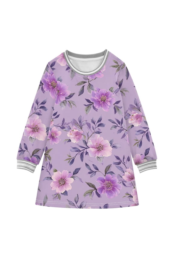 Fresh Flowers Lavender Pink Long-sleeved Dress A-line One-Piece Dress for 2-8 Years Casual Party 2T