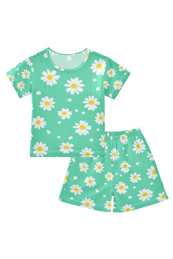 Fresh Flowers Pattern Summer Pajama Set Soft Cotton Short Sleeve Sleepwear 2PCS Pajama Sets Breathable Lounge Set Size 12Y