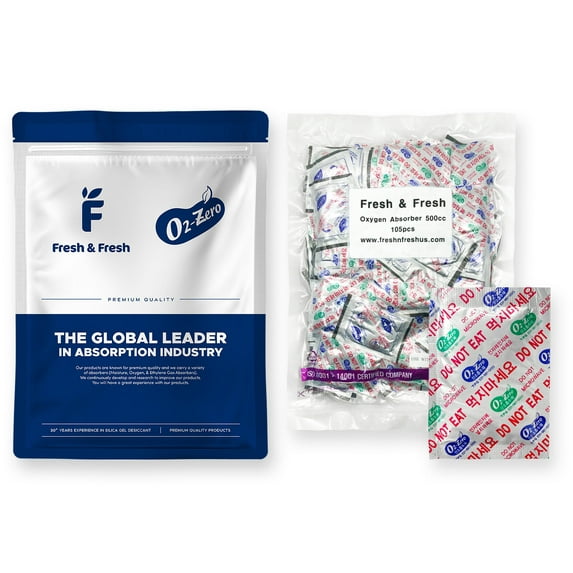 Fresh & Fresh (105 Packet) 500cc Premium Oxygen Absorbers Packets for Food Storage (1 Bag of 105 Packet) - For Long Term Food Storage, Vacuum Sealed, ISO 9001 Certified Facility Manufactured