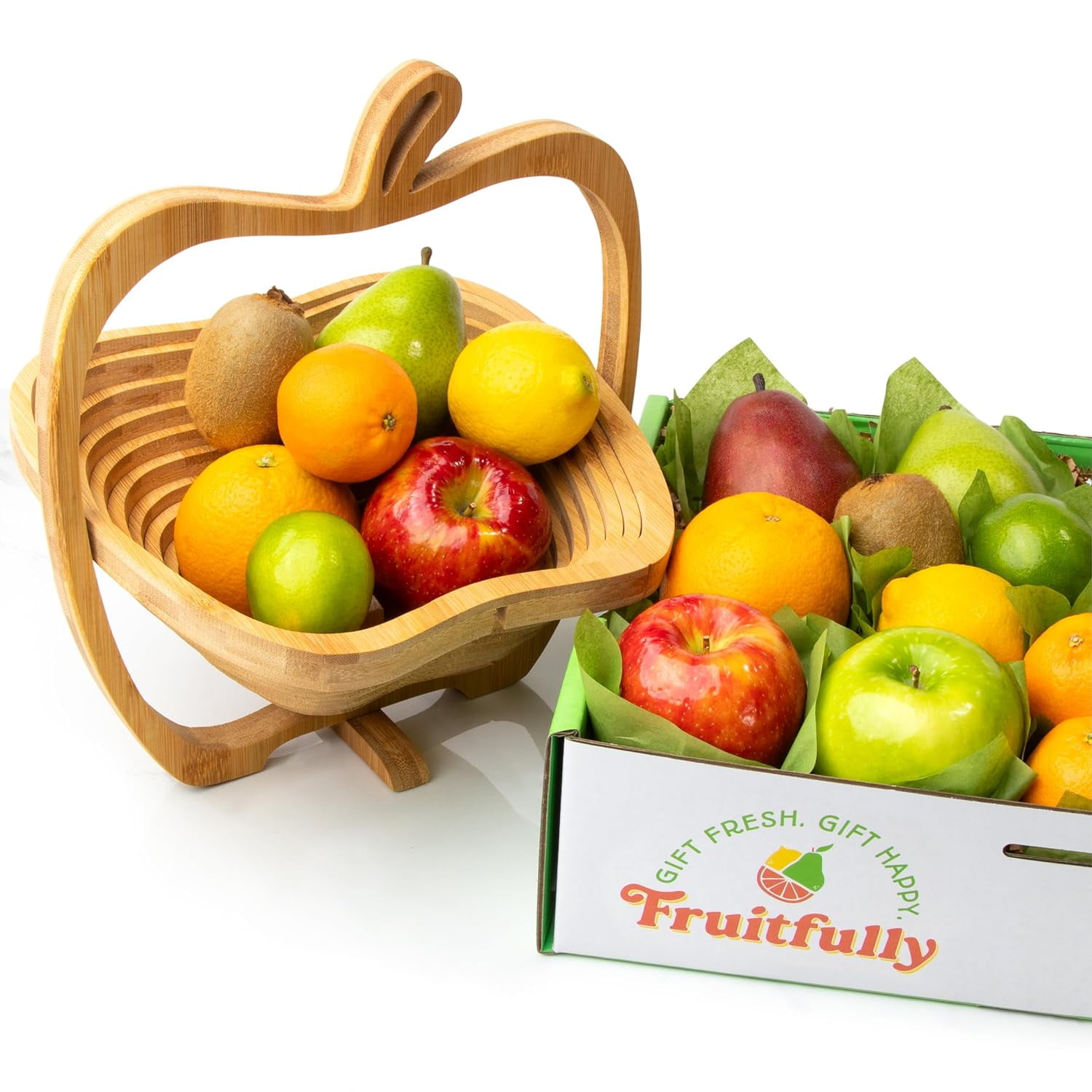 Fresh Fruit Bowl Gift Box By Fruitfully - Assorted Premium Fruits With Wood Pop-Up Bowl (Apples, Oranges, Pears, Kiwi, Lemons, Limes, Mandarins)