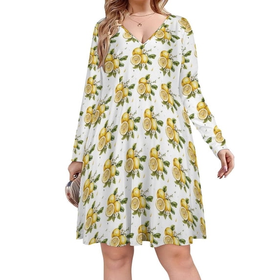 Fresh Fruit Lemons Long Sleeve Dresses For Women Vintage Elegant Party Dress Oversized V-neck Dress S-8XL