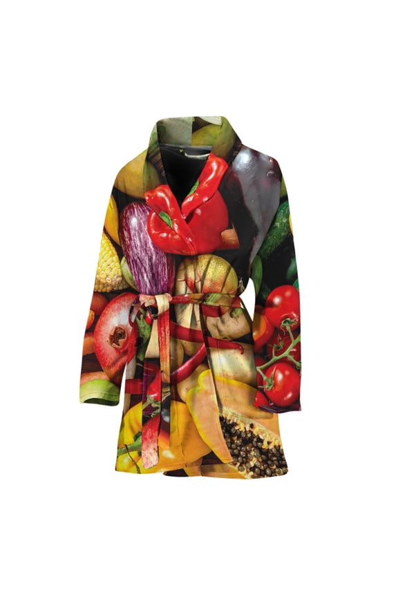 Fresh Fruits And Vegetables Women Bathrobe One Size Univeral Fits, Fruits Fashion Lightweight Plush Fleece Long Robe For Women