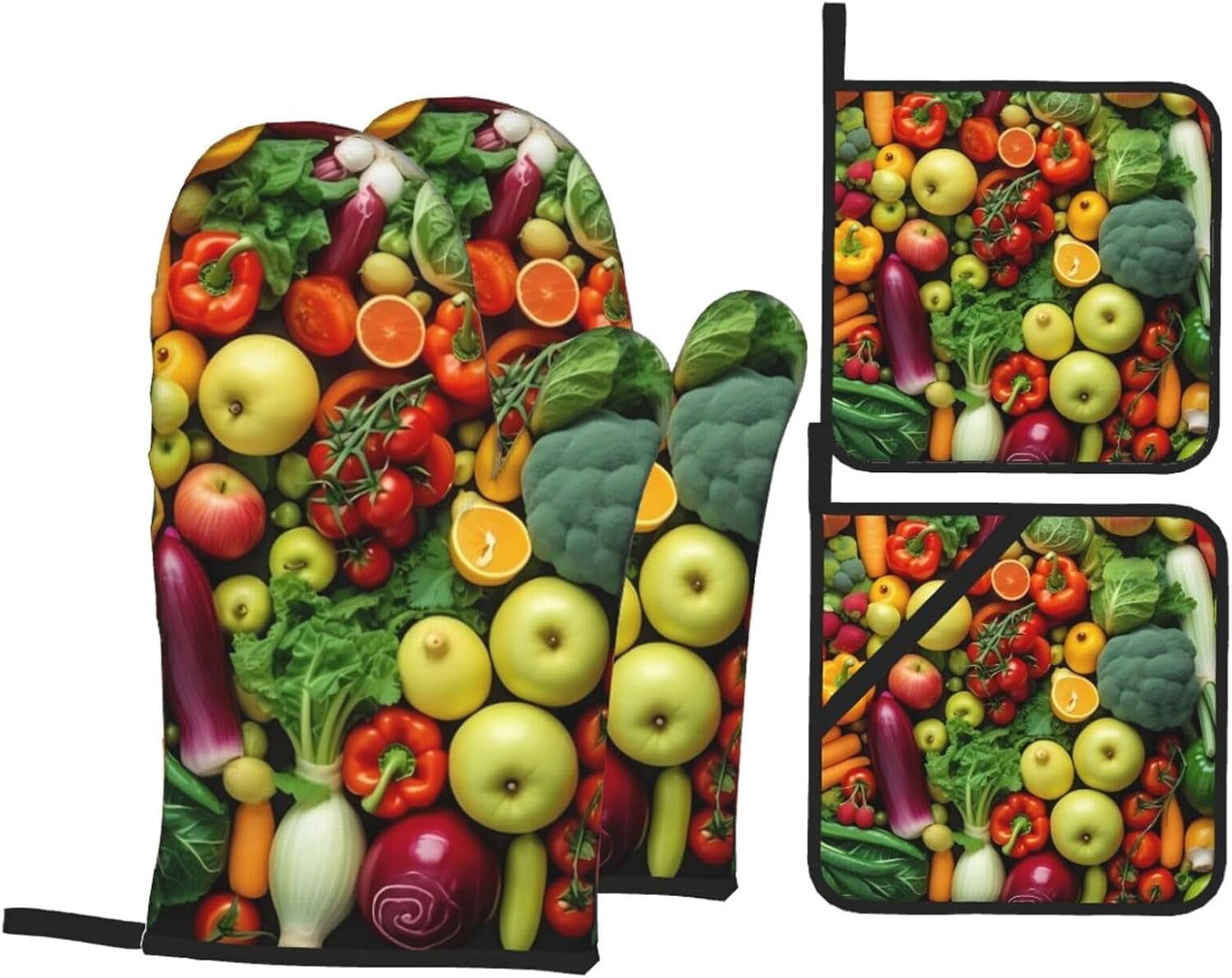 Fresh Fruits and Vegetables Oven Mitts and Pot Holders Set of 4 Heat Resistant Oven Gloves Non-Slip Hot Pads for Cooking Baking Grilling