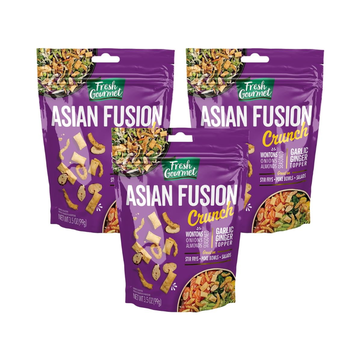 Fresh Gourmet Asian Fusion Crunch Pouch, Single | Garlic Ginger Wontons, Crispy Onions, Sliced Almonds | Elevate Salads, Poke Bowls, Stir-frys 3.5 Ounce (Pack of 3)