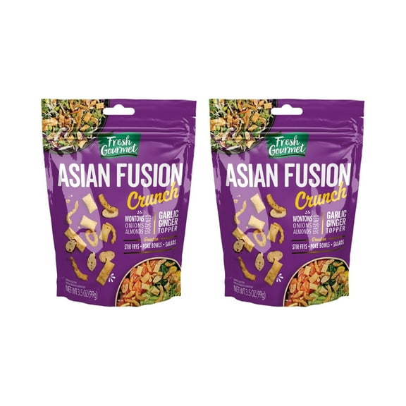 Fresh Gourmet Asian Fusion Crunch Pouch, Single | Garlic Ginger Wontons, Crispy Onions, Sliced Almonds | Elevate Salads, Poke Bowls, Stir-frys 3.5 Ounce (Pack of 2)