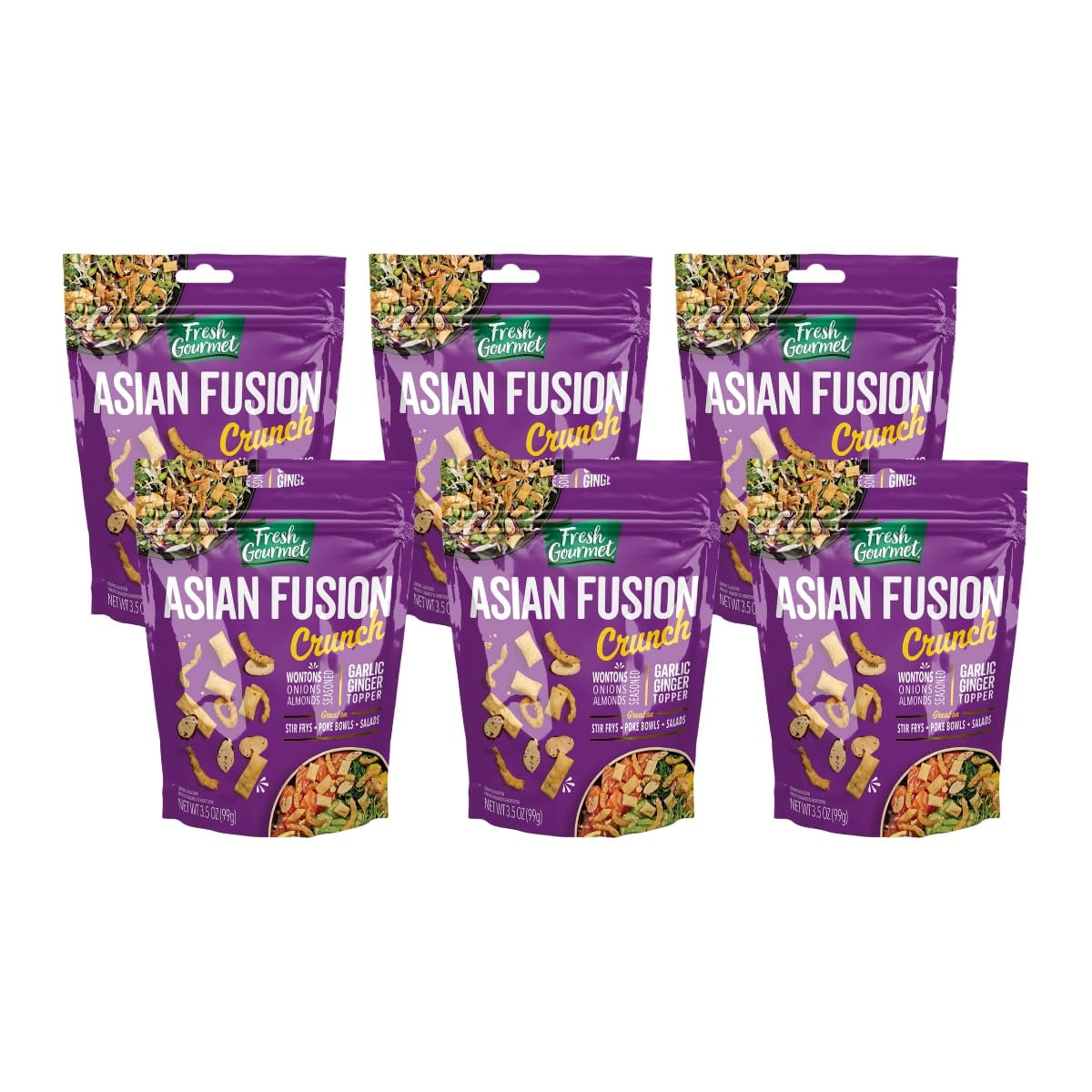Fresh Gourmet Asian Fusion Crunch Pouch, Single | Garlic Ginger Wontons, Crispy Onions, Sliced Almonds | Elevate Salads, Poke Bowls, Stir-frys 3.5 Ounce (Pack of 6)