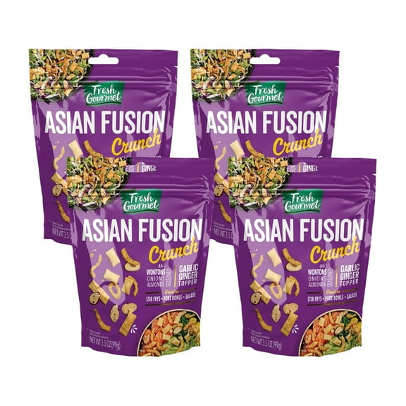 Fresh Gourmet Asian Fusion Crunch Pouch, Single | Garlic Ginger Wontons, Crispy Onions, Sliced Almonds | Elevate Salads, Poke Bowls, Stir-frys 3.5 Ounce (Pack of 4)