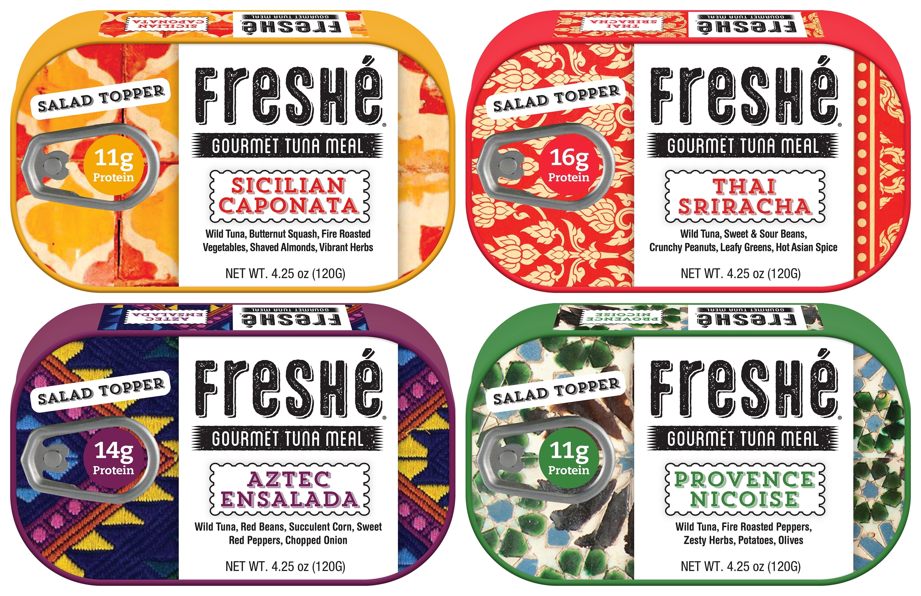 Freshé Gourmet Canned Tuna Variety Pack (4 Pack of 4.25 oz. Tins) Contains Fish, Soy, Almonds, Peanuts
