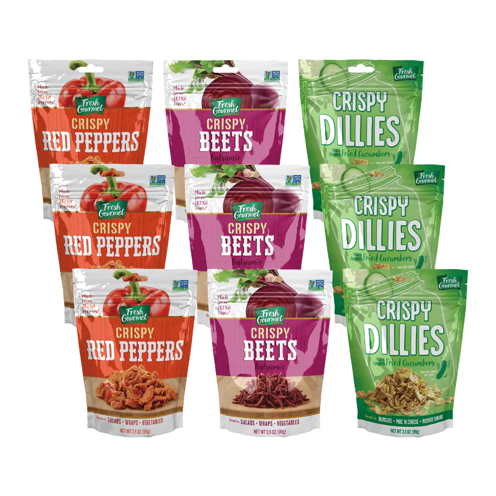 Fresh Gourmet Crispy Balsamic Beets, 3.5 oz, Crispy Red Peppers, 3.5 oz, Crispy Dillies, Pickle Flavored, 3.5 oz Variety Pack
