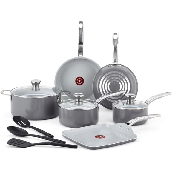 Fresh Gourmet Recycled Ceramic Non Stick Cookware Set 12 Piece, Oven Broiler Safe 500F, Lid Safe 350F, Kitchen Cooking Set W/Fry Pans, Saucepans, Dutch Oven, Utensils, Pots and Pans Set, Grey