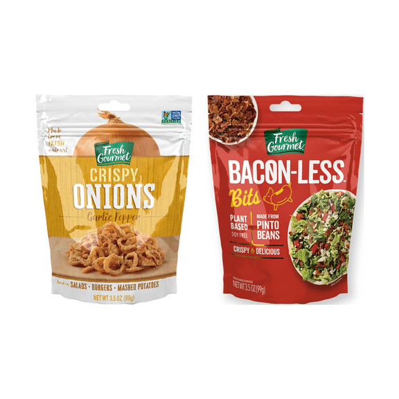 Fresh Gourmet Savory Topping Variety, Garlic Pepper Crispy Onions, Bacon-Less Bits, 3.5 oz Each (2-Pack)