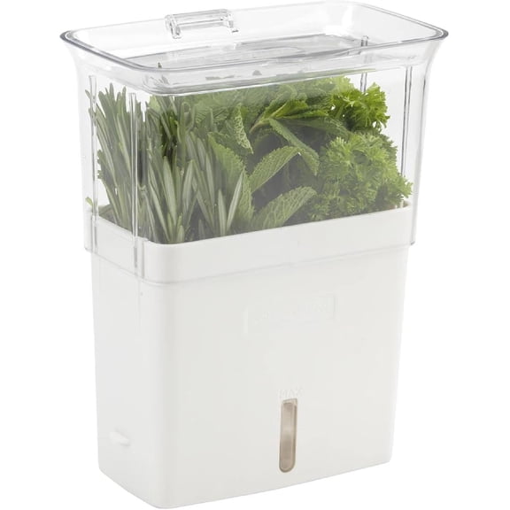 Fresh Herb Keeper for Refrigerator, Acrylic Herb Storage Container with Flip Lid & Water Level Indicator, Vegetable & Herb Saver with Removable Dividers