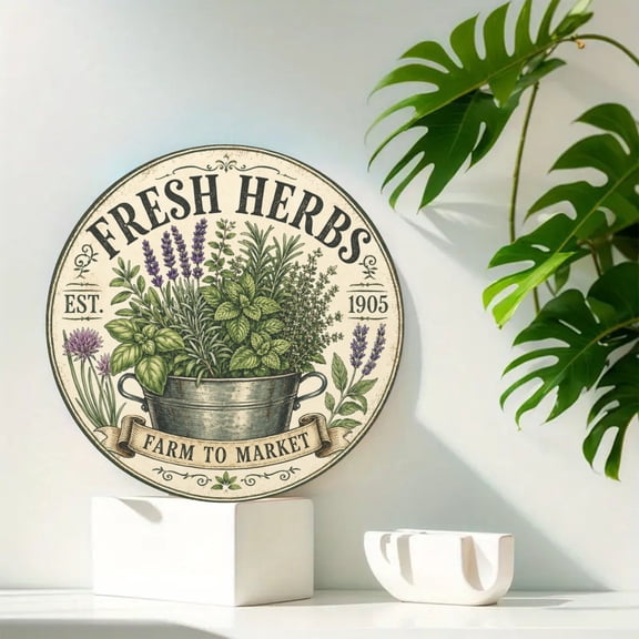 Fresh Herbs Country Farmhouse Round Metal Tin Sign For Kitchen Or Garden Wall Decor 8x8 Inch Round