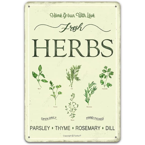 Fresh Herbs Parsley Thyme Rosemary Dill Retro Metal Tin Sign Wall Art Decor for Garden Shed Home Farmhouse Backyard Garden Indoor Outdoor 12X8 Inch Rustic Hanging Plaque