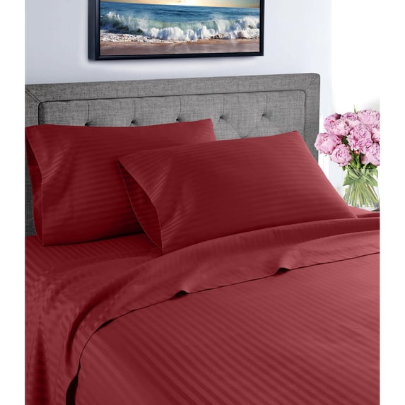 Fresh Home 1000 Thread Count 100% Egyptian Cotton Deep Pocket Dobby Striped Sheet Set (Queen, Burgundy)