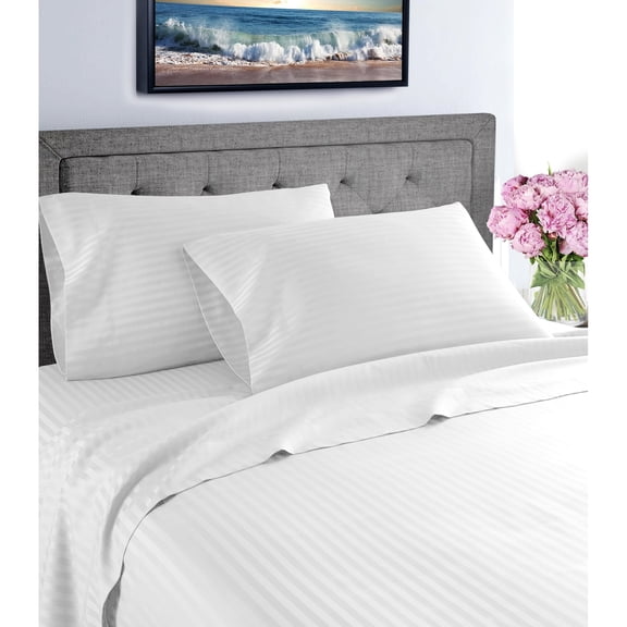 Fresh Home 1000 Thread Count Egyptian Quality Cotton Deep Pocket Dobby Stripe Sheet Set White - Queen