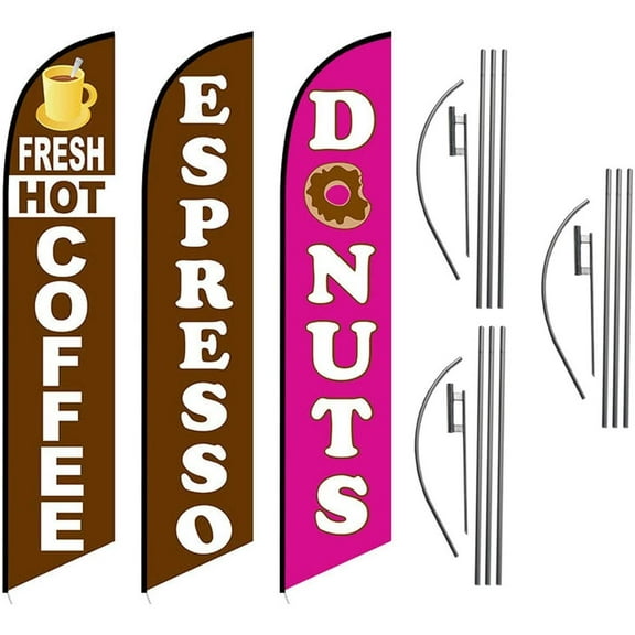 Fresh Hot Coffee Espresso Donuts Cafe Advertising Feather Flag Kits Package, Includes 3 Banner Flags, 3 Flag Poles, and 3 Ground Stakes