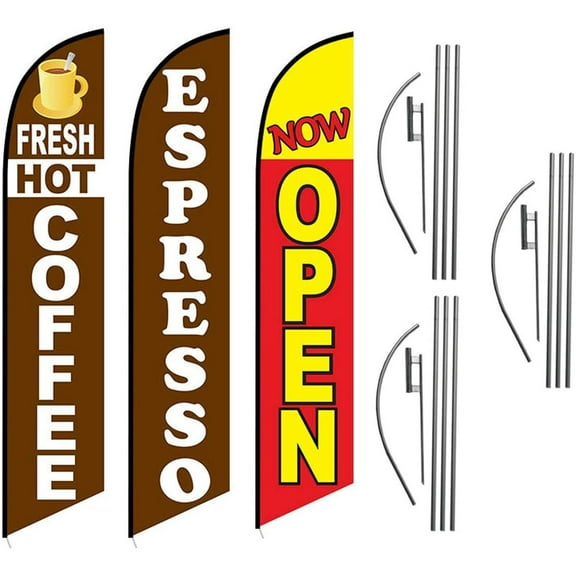 Fresh Hot Coffee Espresso Now Open Cafe Advertising Feather Flag Kits Package, Includes 3 Banner Flags, 3 Flag Poles, and 3 Ground Stakes
