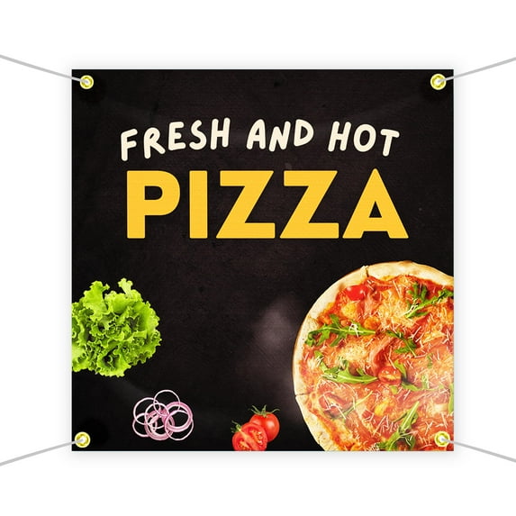 Fresh and Hot Pizza Large Banners and Signs for Outdoor by DreamController-Polyester Banner with 4 Holes for Easy Hang Indoor & Outdoor| 4x4 Feet HD Banner to Promote Food & Beverages | Made in US