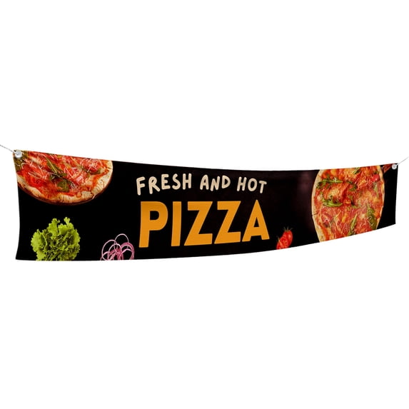 Fresh and Hot Pizza Large Banners and Signs for Outdoor by DreamController-Polyester Banner with 4 Holes for Easy Hang Indoor & Outdoor| 6x1 Feet HD Banner to Promote Food & Beverages | Made in US