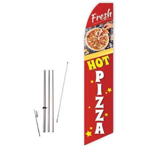 Fresh Hot Pizza Red Super Novo Feather Flag - Complete with 15ft Pole Set and Ground Spike