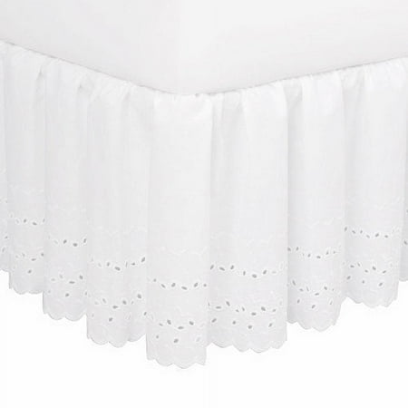 Fresh Ideas Bedding Eyelet Ruffled Bedskirt Extra Long 18" Drop Length Gathered Styling, Queen, White