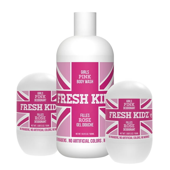 Fresh Kidz Body Wash 16.9 fl.oz. and 2 Roll On Deodorants 1.86 fl.oz. for Kids and Teens - Girls "Pink" Set