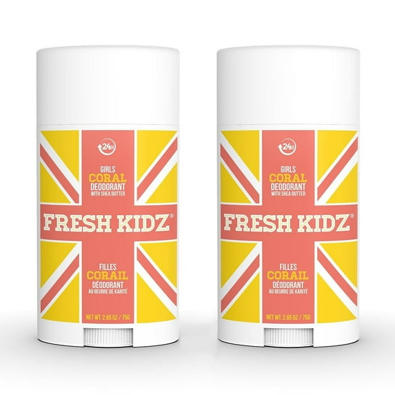 Fresh Kidz Deodorant Stick for Kids and Teens - Baking Soda and Aluminum-free 24 Hour Protection for Sensitive Skin - Girls "Coral", 2.65 oz / 75 g (2 Pack)