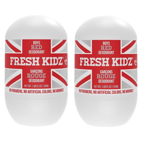 Fresh Kidz Roll On Deodorant for Kids and Teens - Baking Soda and Aluminum-free 24 Hour Protection for Sensitive Skin - Boys "Red" 1.86 fl.oz. (2 Pack)
