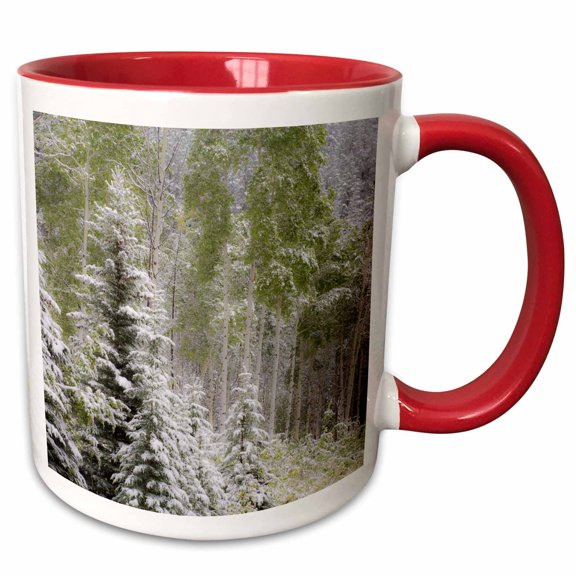 3drose, Fresh Late Summer Snow on Evergreen Trees, Banff Np, Alberta, Canada, 15oz Two-tone Red Mug