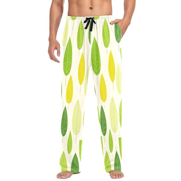 Fresh Leaf Pattern Design Mens Cotton Pajama Pants Long Staple Lightweight Sleep Bottoms with Pockets Breathable