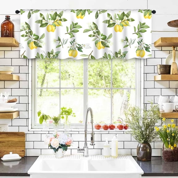 Fresh Lemon 52" x 14" Window Treatment Valances Rod Pocket- Stylish Glass Cup & Cherry Blossom Design, Soft & Refreshing Cherry Summer Fresh Berry Fruit Home Decor