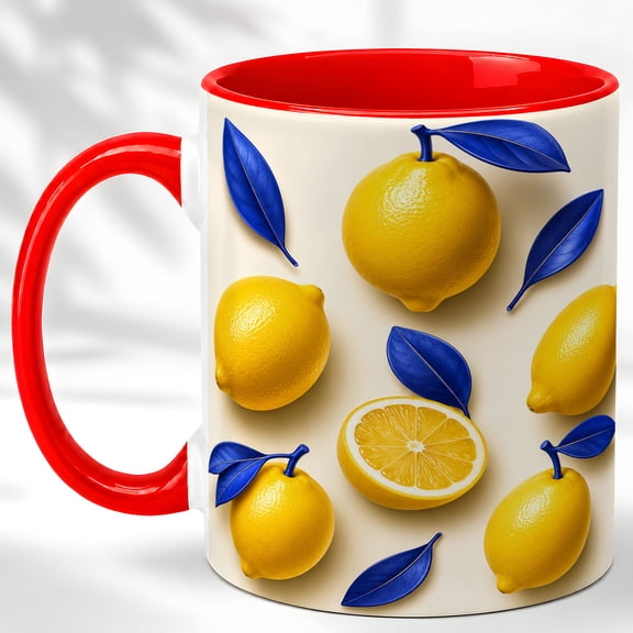 Fresh Lemon Coffee Mug, Blue Leaf Mug, Ceramic 11 oz