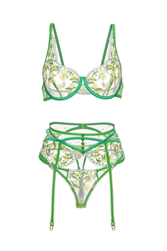 Fresh Lemon Embroidery Lingerie Set (GREEN, 3XL)