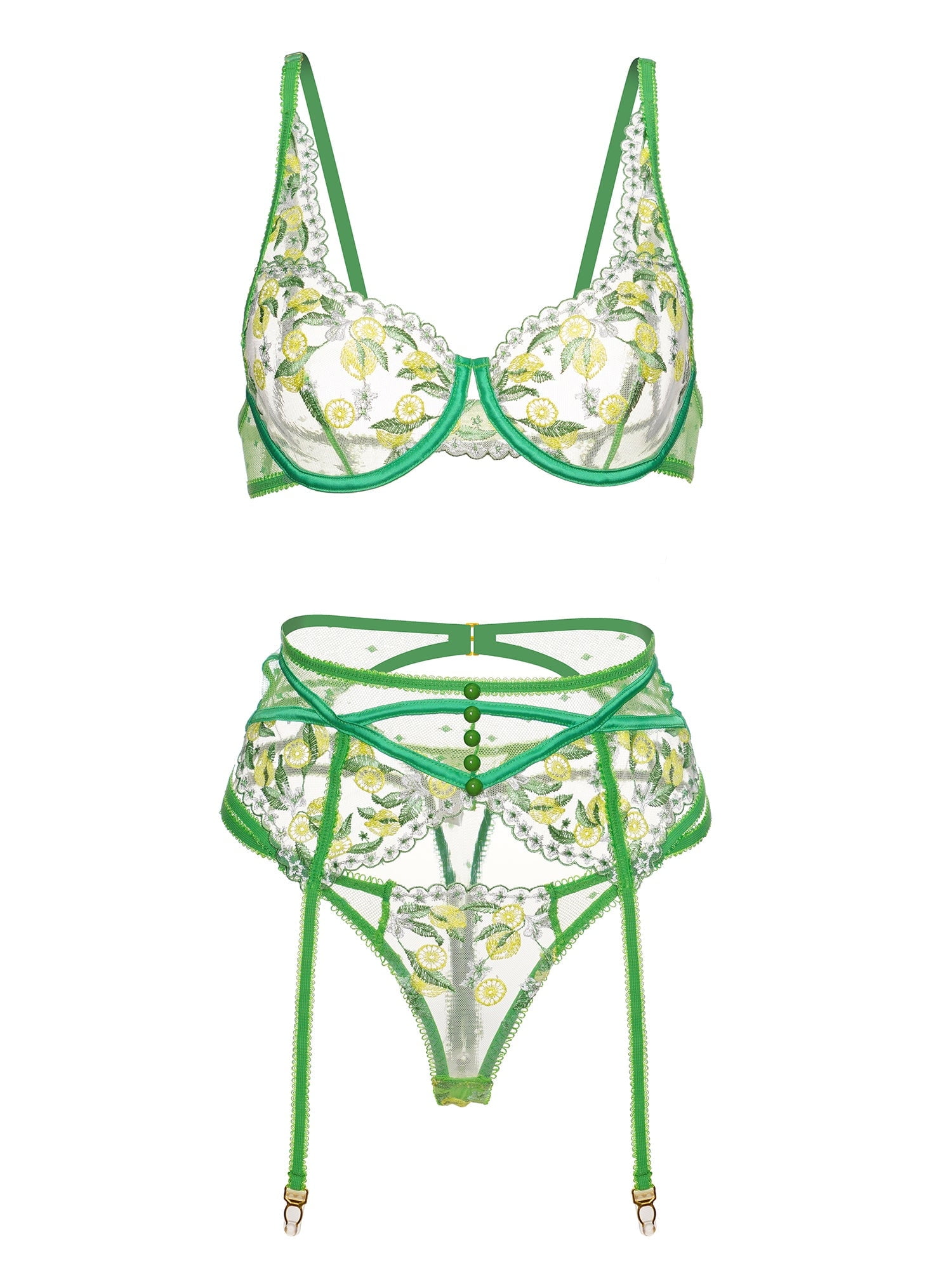 Fresh Lemon Embroidery Lingerie Set (GREEN, S)