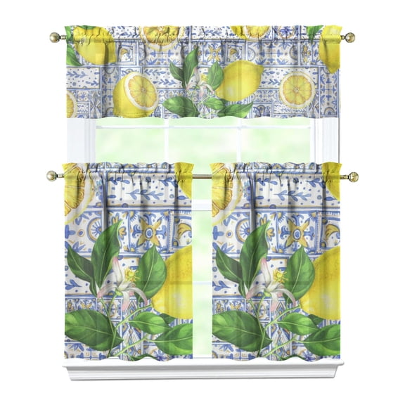 Fresh Lemon Fruit Kitchen Curtains - 3 PC Semi-Sheer Tier & Valance Set with Rod Pocket, Modern Summer Design