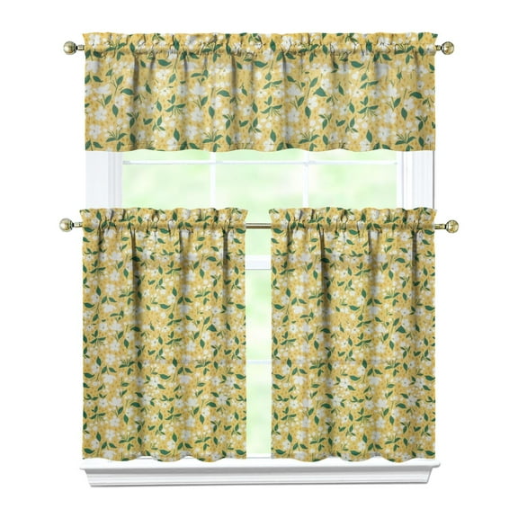 Fresh Lemon Lover Kitchen Curtains Set, Yellow Citrus Fruit Print Tier and Valance, Cute Floral Summer Pattern Retro Vintage Style Drapes for Kitchen or Dining Room