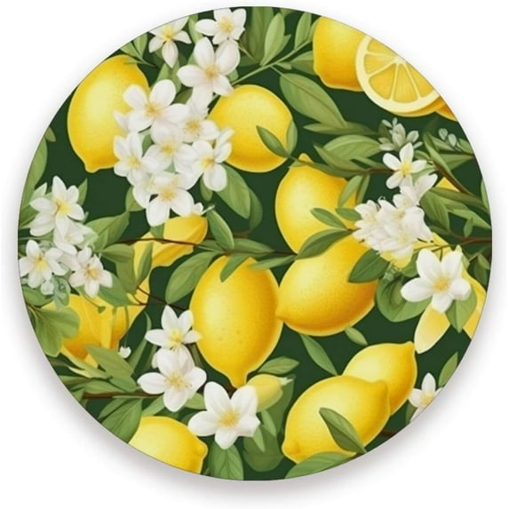 Fresh Lemon Pattern Coaster, Drinks Round Absorbent Stone Set with Ceramic Stone and Cork Base, Tabletop Protection Mats and Cups Place for 4PCS Home Decor