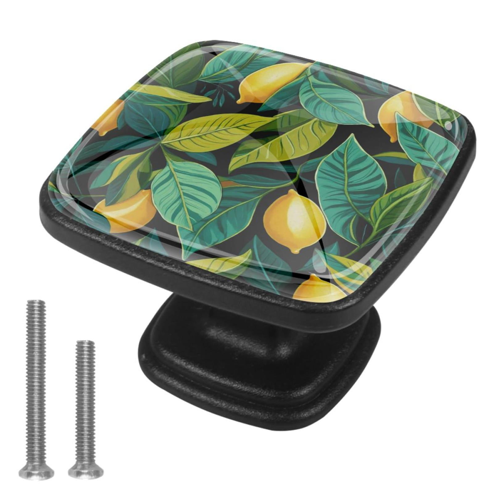 Fresh Lemon Print 4 Pack Crystal Glass Square Drawer Knobs, Set