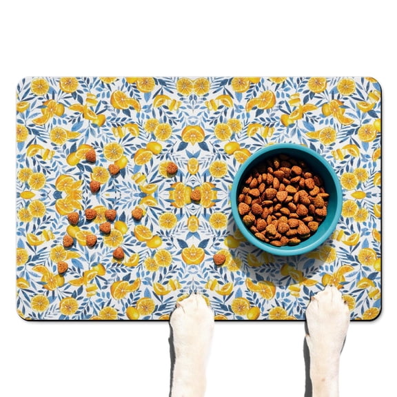 Fresh Lemon Print Dog Feeding Mat - Non-Slip Absorbent Pet Food Mat with Vintage Yellow Design, Large Size for Messy Eaters
