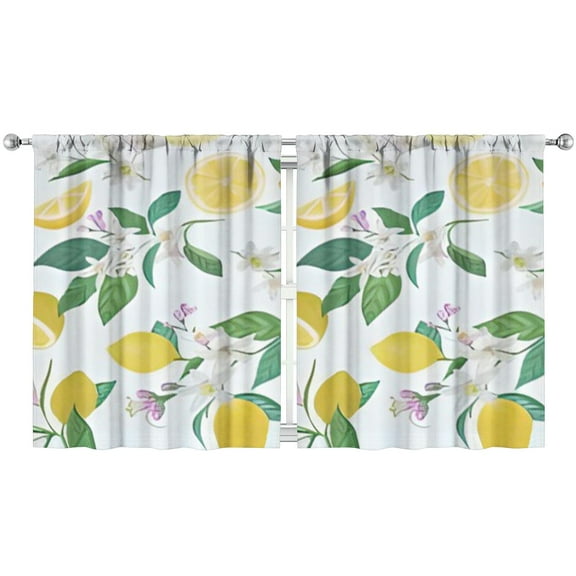 Fresh Lemon Print Tier Curtains 2 Pack - Bright Yellow Summer Fruit Design, Rod Pocket Window Treatment Panels for Kitchen