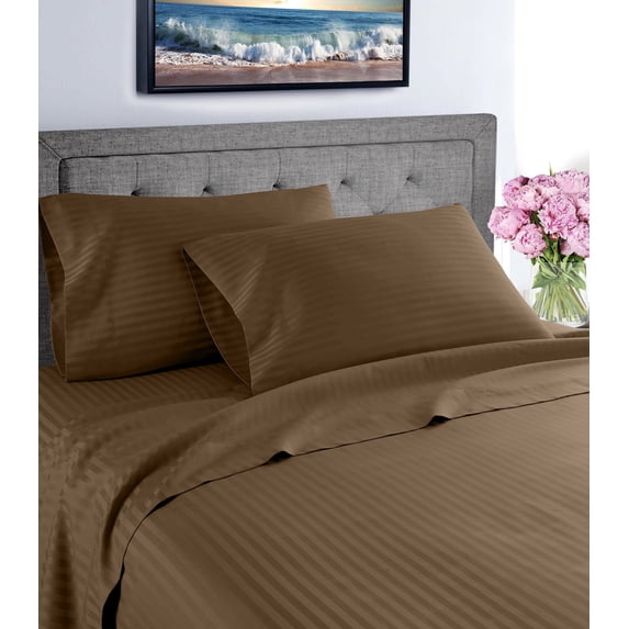 Fresh Linen 1000 Thread Count 100% Cotton Deep Pocket Dobby Striped Sheet Set (California King, Brown)