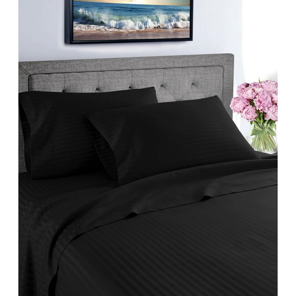 Fresh Linen 1000 Thread Count 100% Cotton Deep Pocket Dobby Striped Sheet Set (Full, Black)