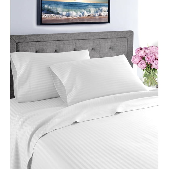 Fresh Linen 1000 Thread Count 100% Cotton Deep Pocket Dobby Striped Sheet Set (King, White)