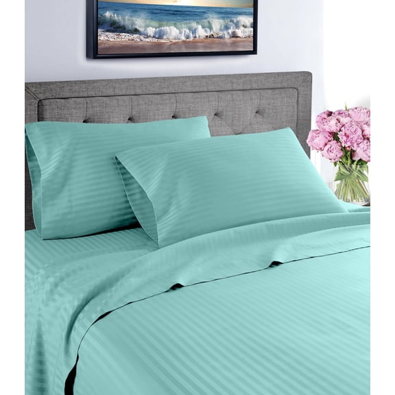 Fresh Linen 1000 Thread Count 100% Cotton Deep Pocket Dobby Striped Sheet Set (Queen, Aqua)