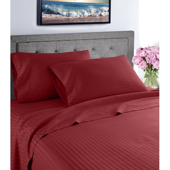 Fresh Linen 1000 Thread Count 100% Cotton Deep Pocket Dobby Striped Sheet Set (Twin Extra Long, Burgundy)