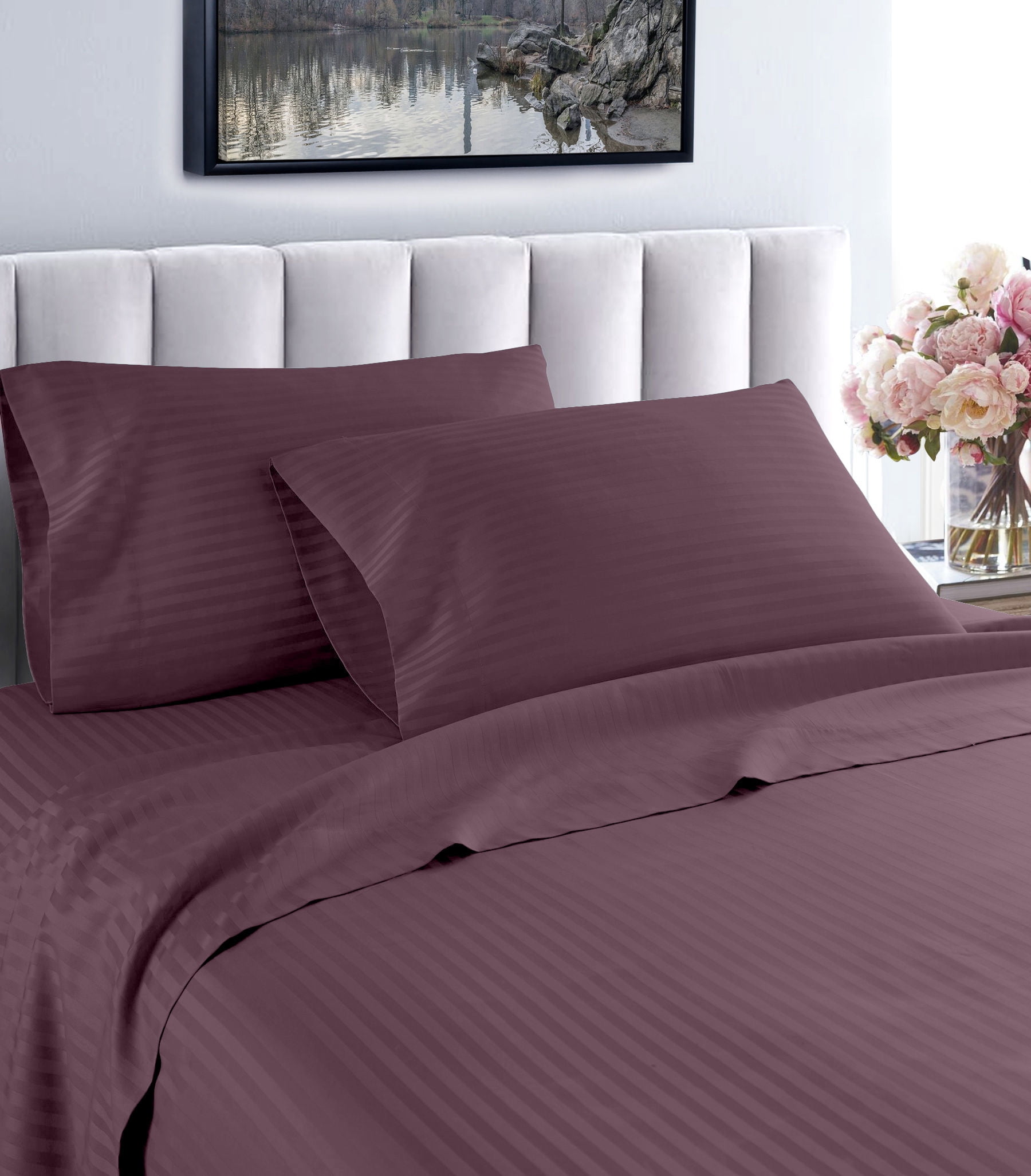 Fresh Linen 1000 Thread Count 100% Cotton Deep Pocket Dobby Striped Sheet Set (Twin, Plum ...