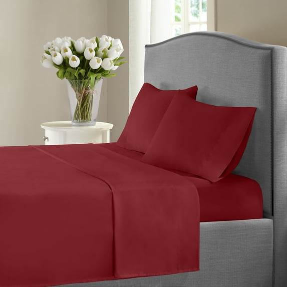 Fresh Linen 1200 Thread Count Twin XL Size Deep Pocket Solid Cotton Sheet Set (Twin XL, Burgundy)