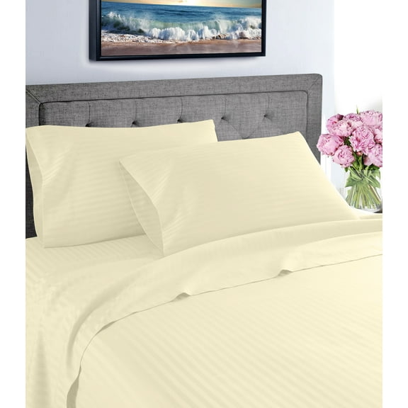 Fresh Linen Collection 600 Thread Count Hotel Striped 100% Egyptian Quality Cotton Deep Pocket Sheet Set (Queen, Ivory)